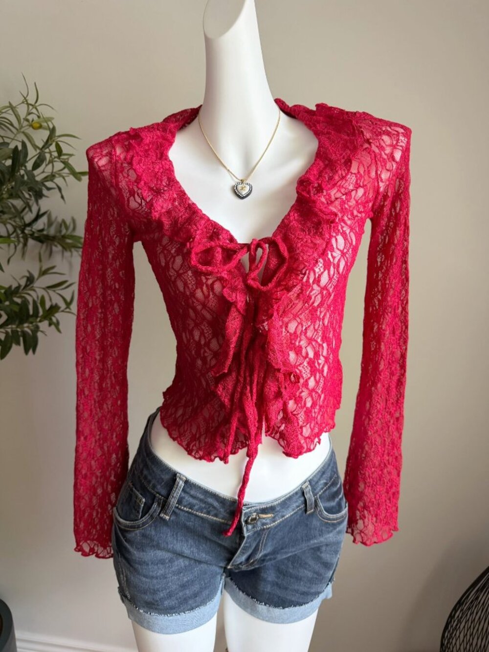 Thirty Thirty LA Burgundy Floral Lace Tie Front Cardigan Sheer Long Sleeve NWT S
